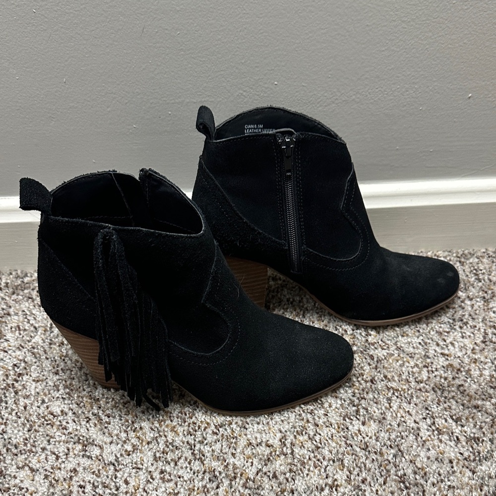 Black Suede Ankle Boots with Fringe